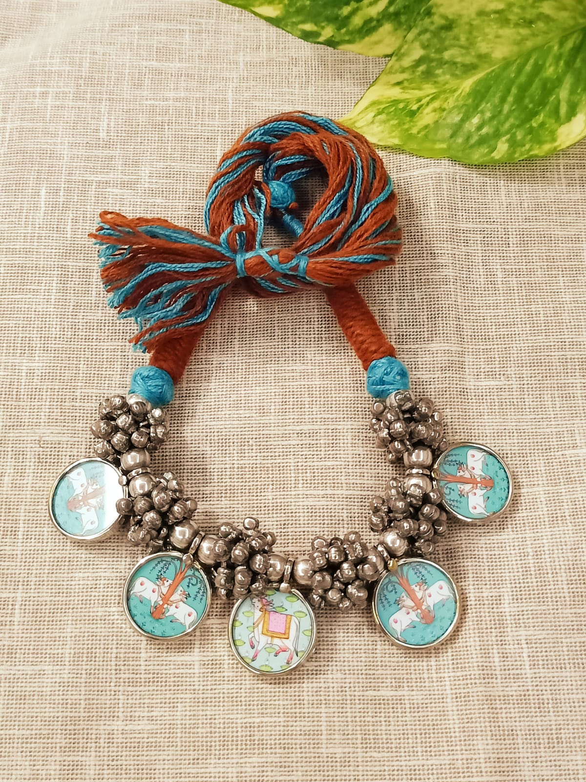 Beautiful Silver Plated Pichwai Painting Charms Neckpiece