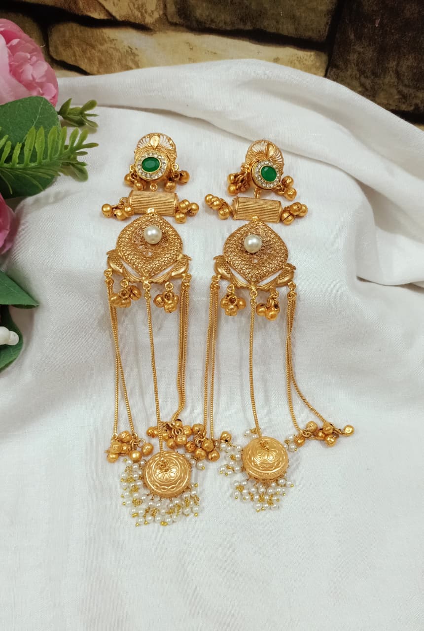 Sajni Kasmiri Long Gold Plated ghoongroo earrings Green colour stone