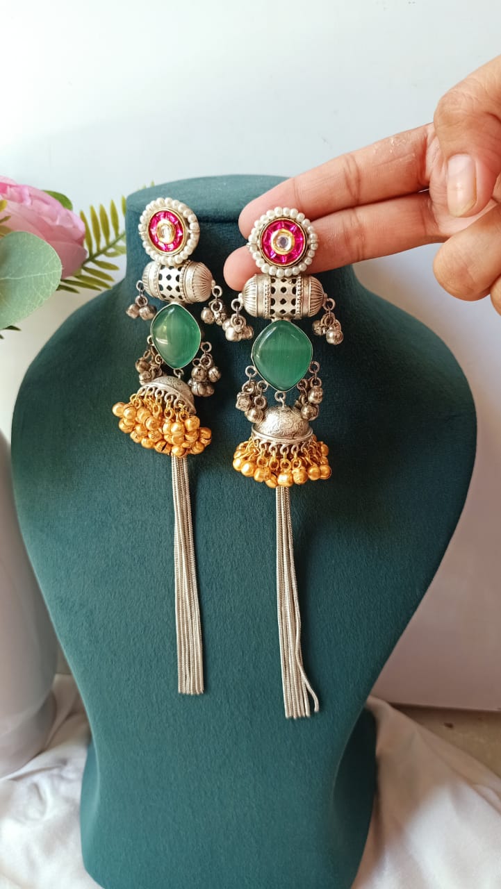 Mohini Dual Tone Statement Earrings with Stone & Silver Tassels
