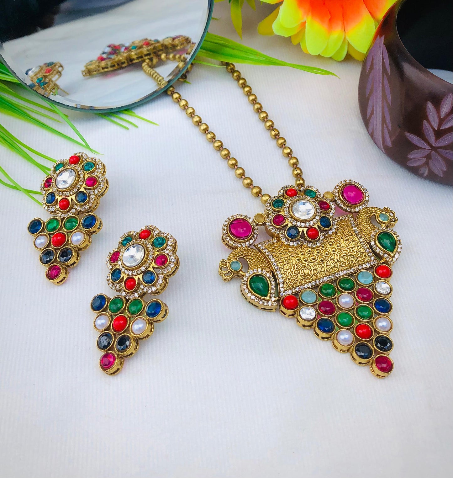 Beautiful Sanaya Gold Plated Polki Stone Necklace Set with Earrings