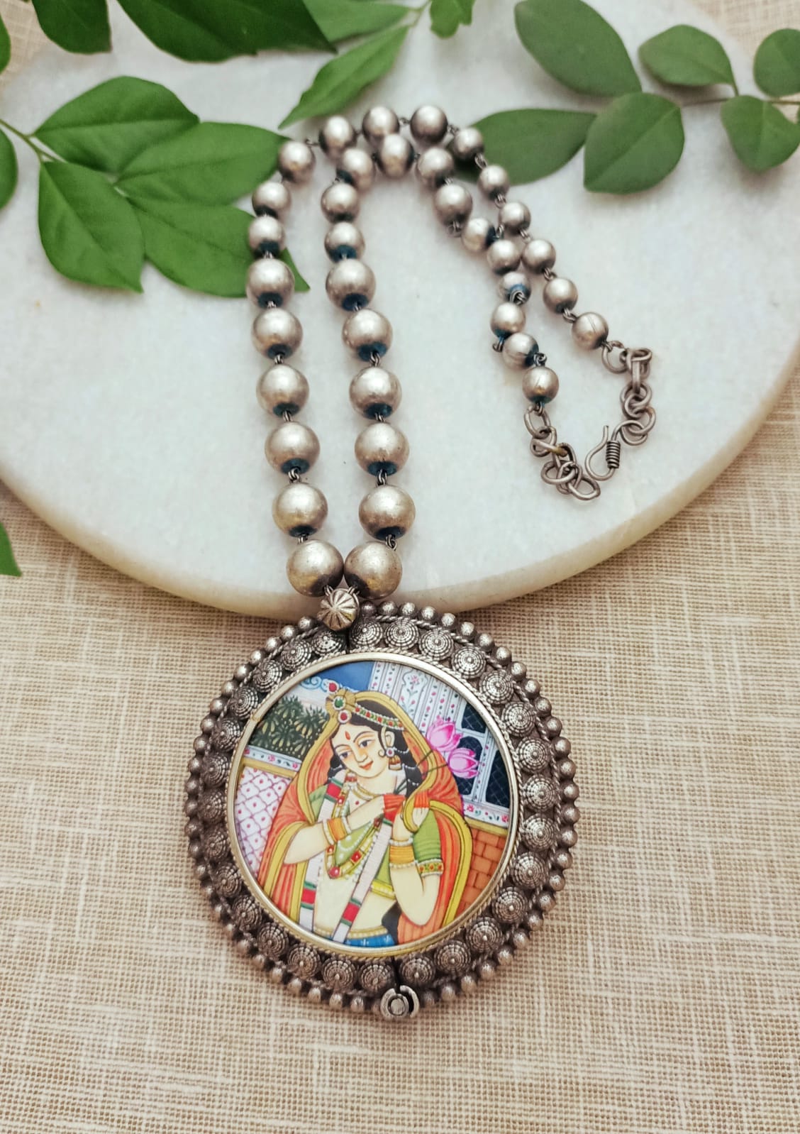 Antique Silver Plated handprinted Rani Pendant Necklace with Ball Chain
