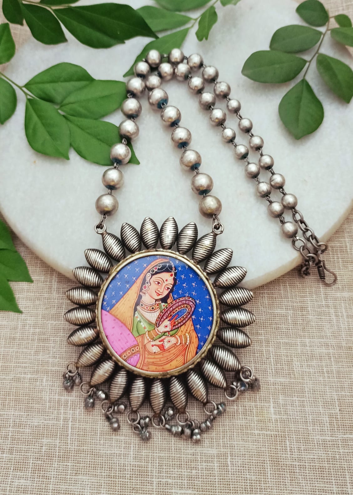 Antique Silver Plated handprinted Rani Pendant Necklace with Ball Chain