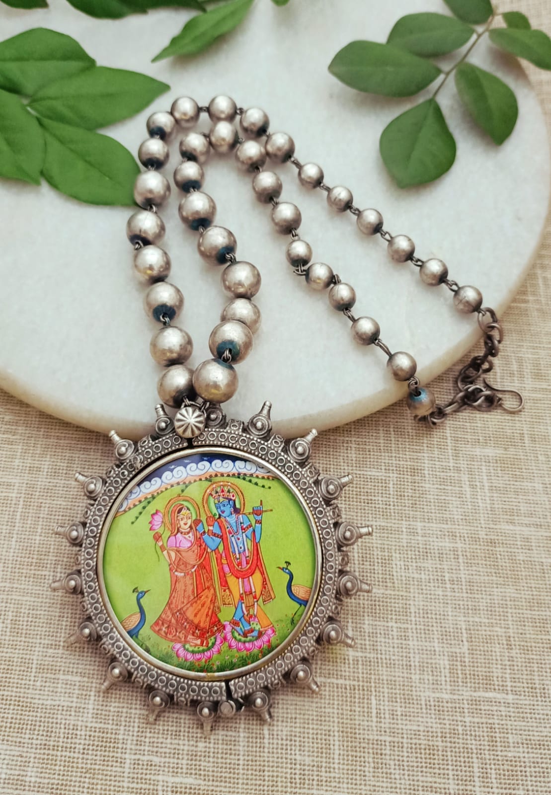 Antique Silver Plated handprinted Radha Krishna Pendant Necklace with Ball Chain