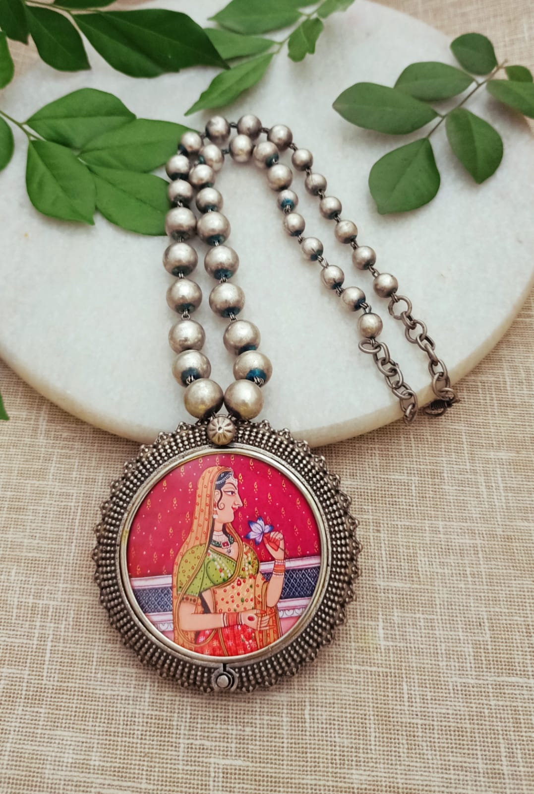 Antique Silver Plated handprinted Rani Pendant Necklace with Ball Chain