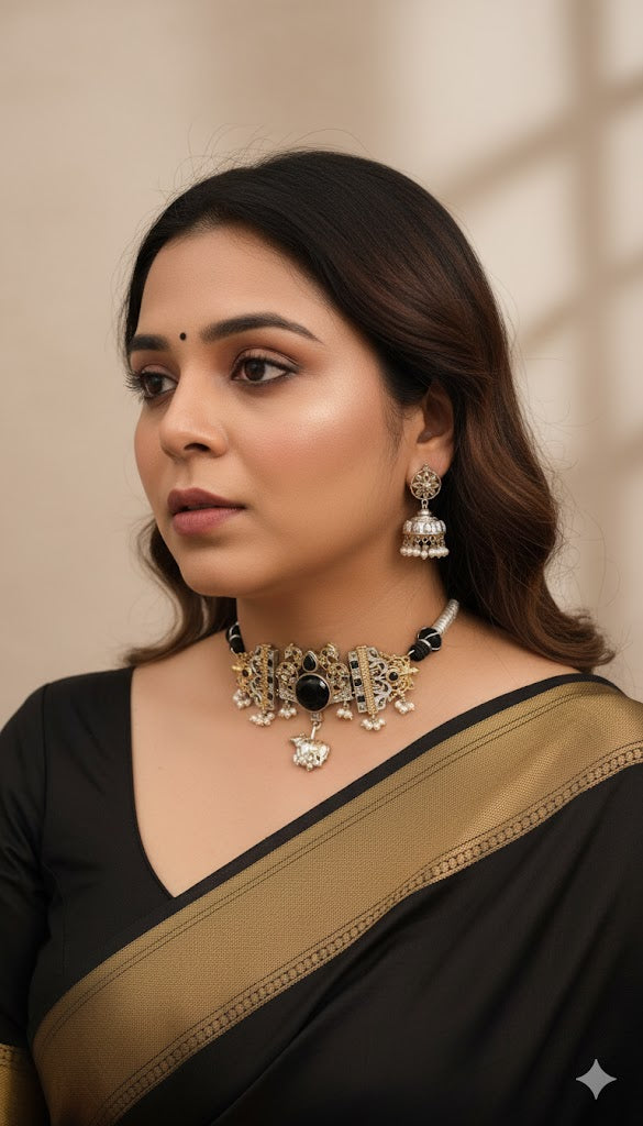 Sangani Handmade Dual tone Silver and Gold Plated Necklace Set with Earrings