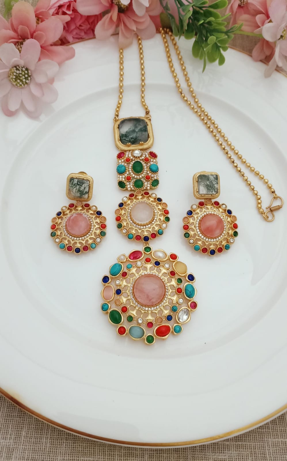 Nandani Multicolor Russian stone Sabyasachi Inspired Kundan Statement Necklace Set
