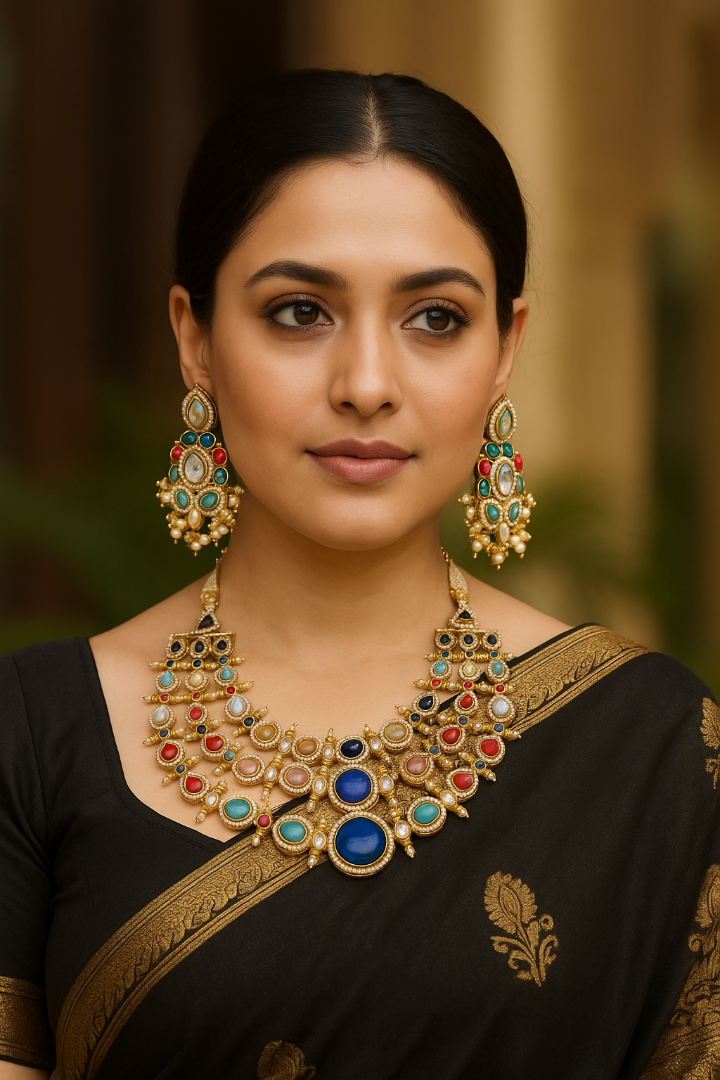 Beautiful Kundan Mosonite Stone Statement Necklace Set with Earrings