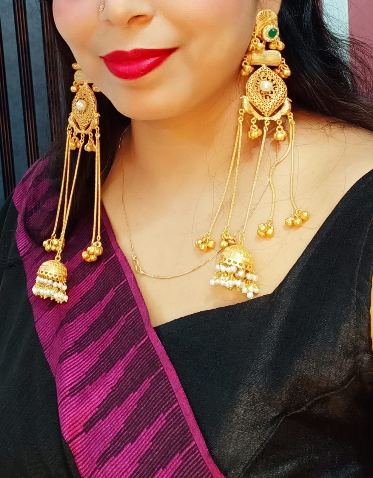 Sajni Kasmiri Long Gold Plated ghungroo earrings Pink colour stone