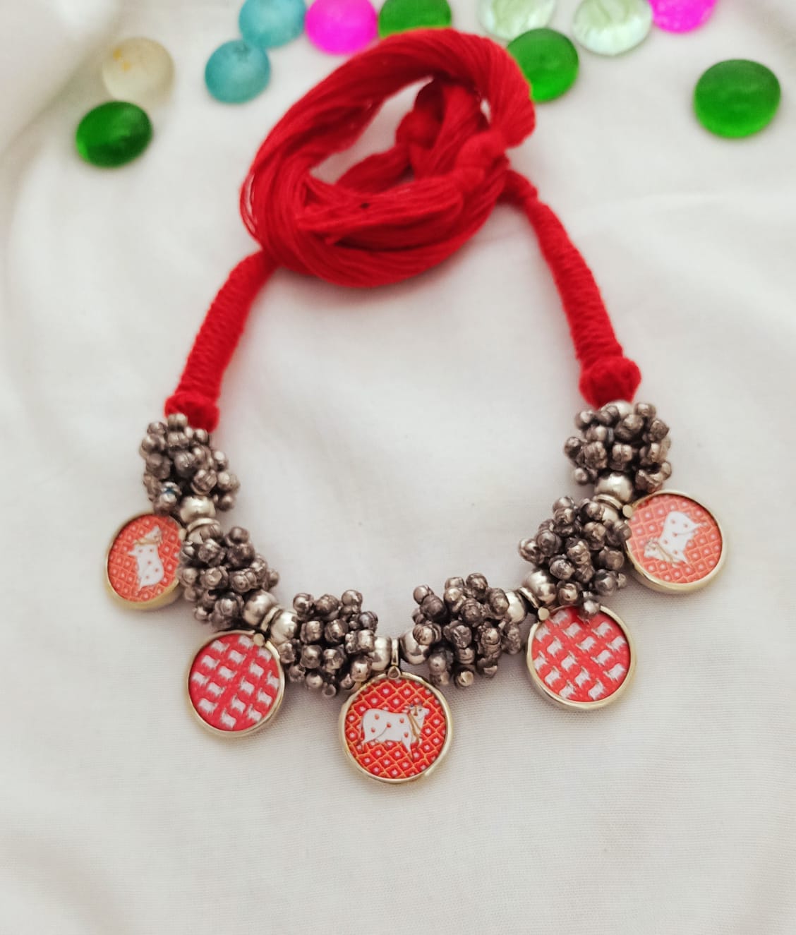 Beautiful silver plated pichwai painting charms neckpiece