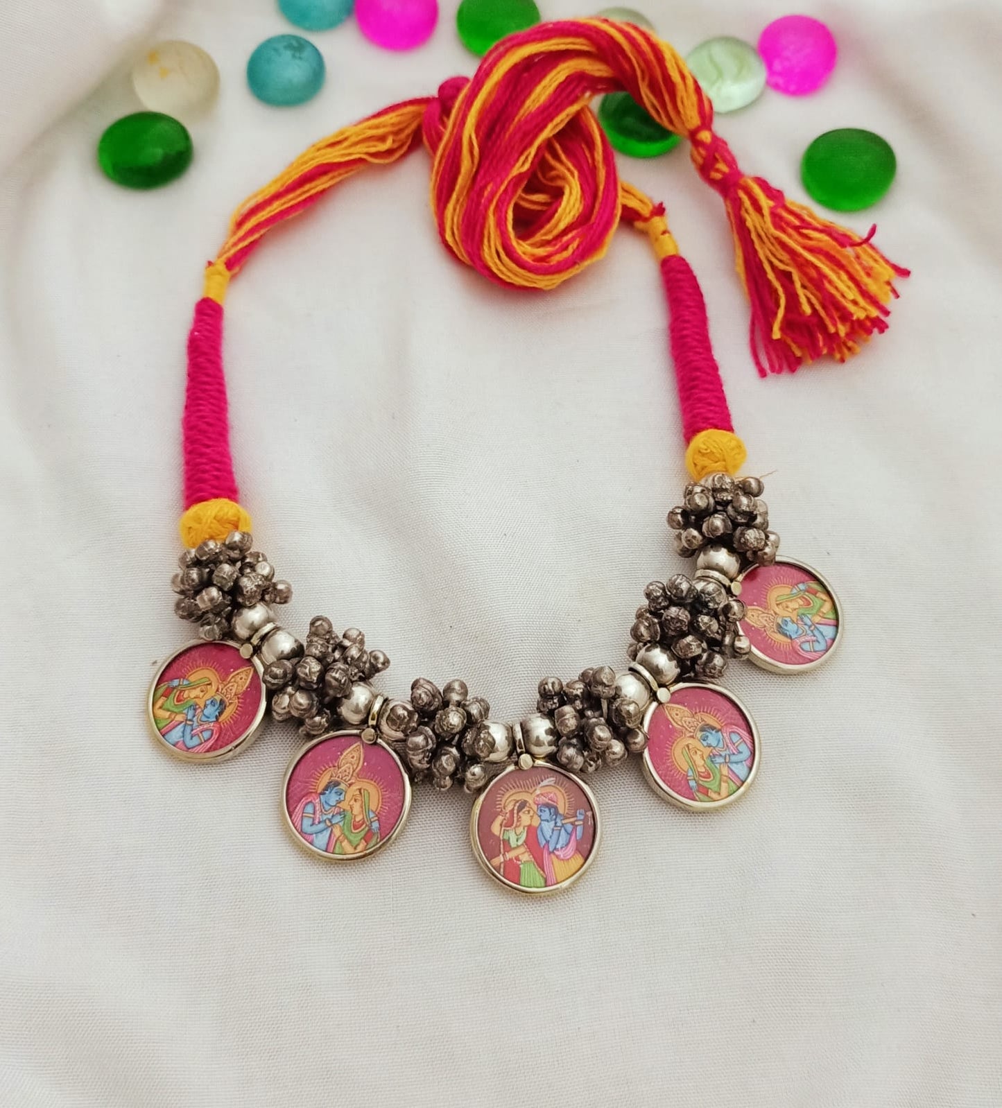 Beautiful Silver Plated Radhakrishna Painting Charms Neckpiece
