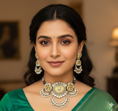 Anjani Peacock Dual-Tone Kundan Necklace & Earring Set
