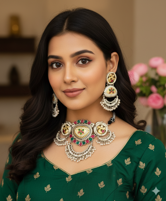 Anjani Peacock Dual-Tone Kundan Necklace & Earring Set