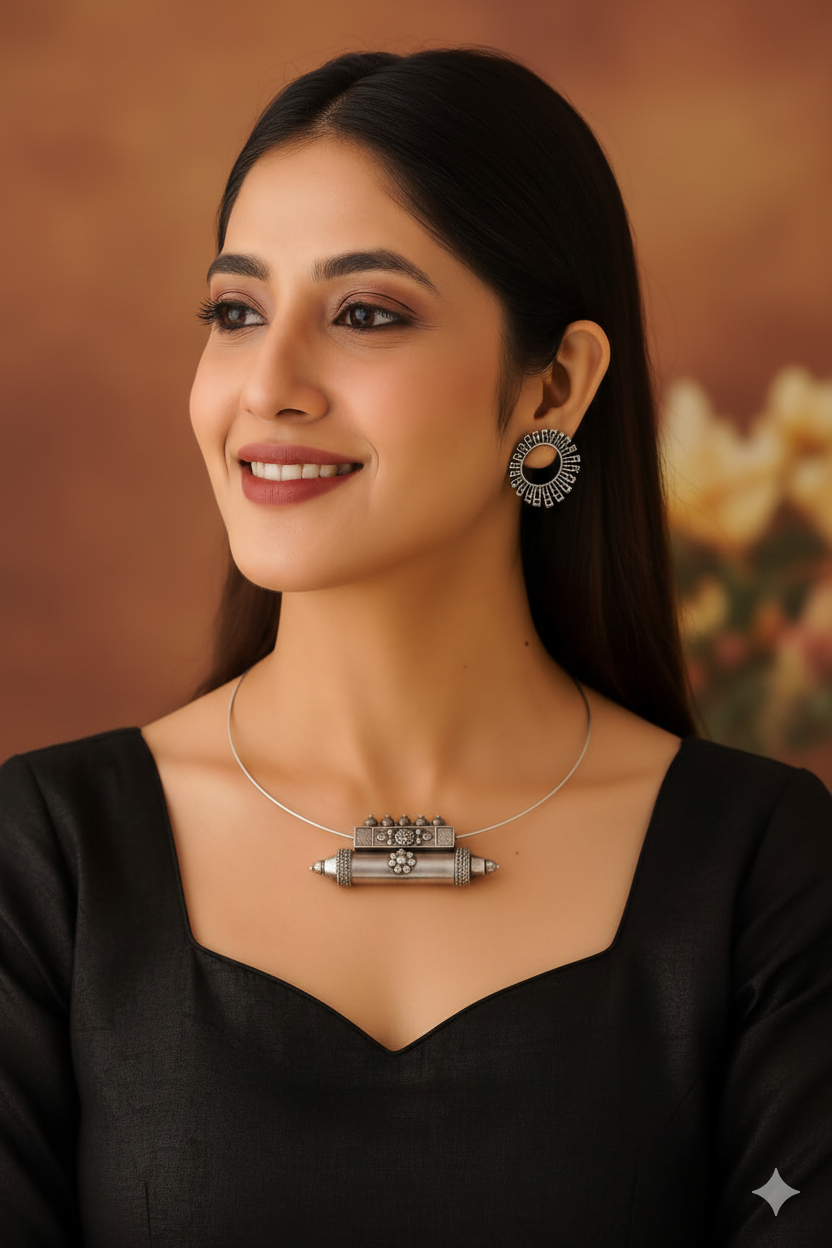 JUGNU Silver Plated Brass Hasli with Earrings