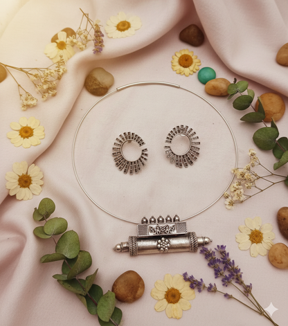 JUGNU Silver Plated Brass Hasli with Earrings