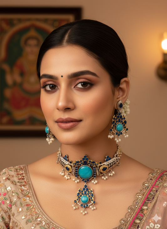 Tanvi Dual Tone Silver Plated Choker with Earrings for Women