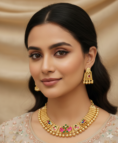 Traditional Gold Plated Pachi Kundan work  Necklace Set with Earrings