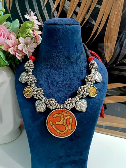 Beautiful Silver Plated Om Pendant Necklace – Ethnic Charms Statement Neckpiece