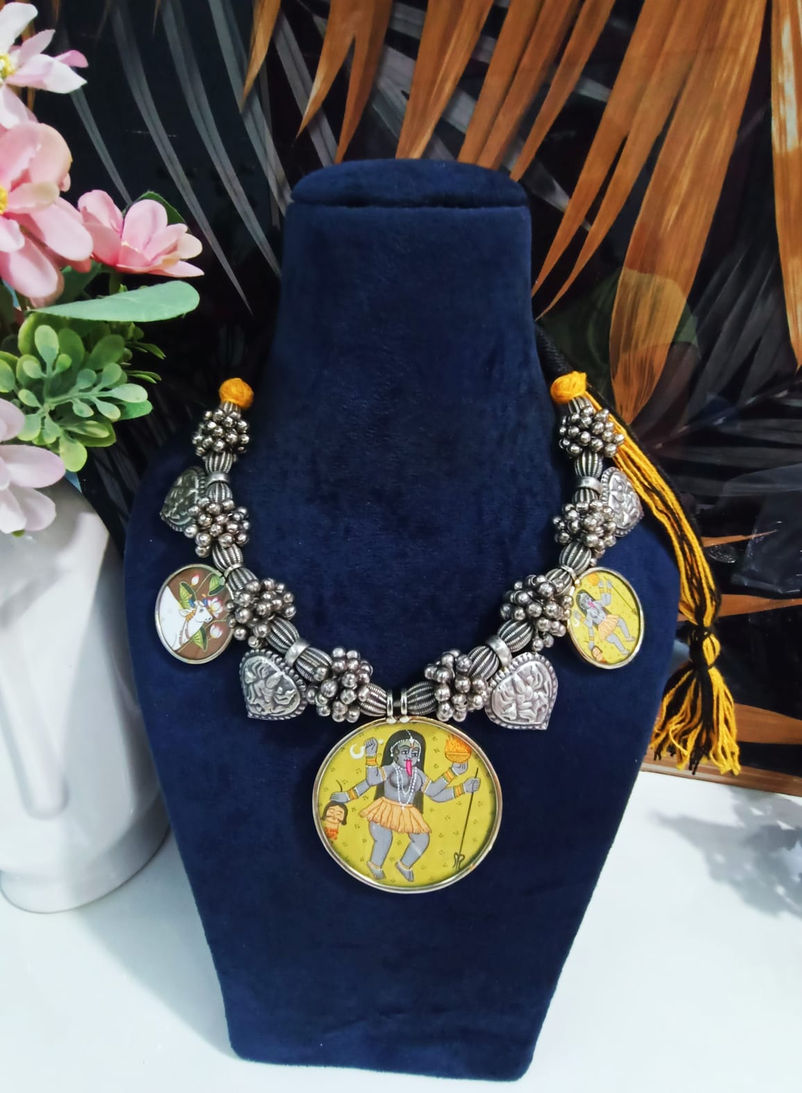 Beautiful Silver Plated kali Mata Pendant Necklace – Ethnic Charms Statement Neckpiece