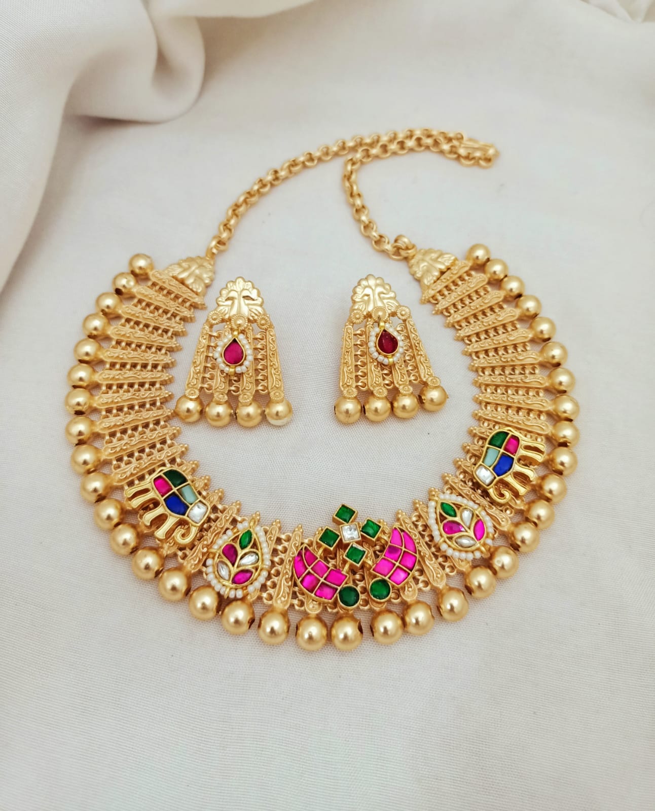 Traditional Gold Plated Pachi Kundan work  Necklace Set with Earrings