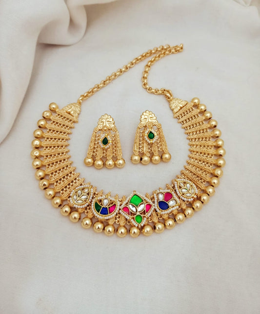 Traditional Gold Plated Pachi Kundan work Necklace Set with Earrings
