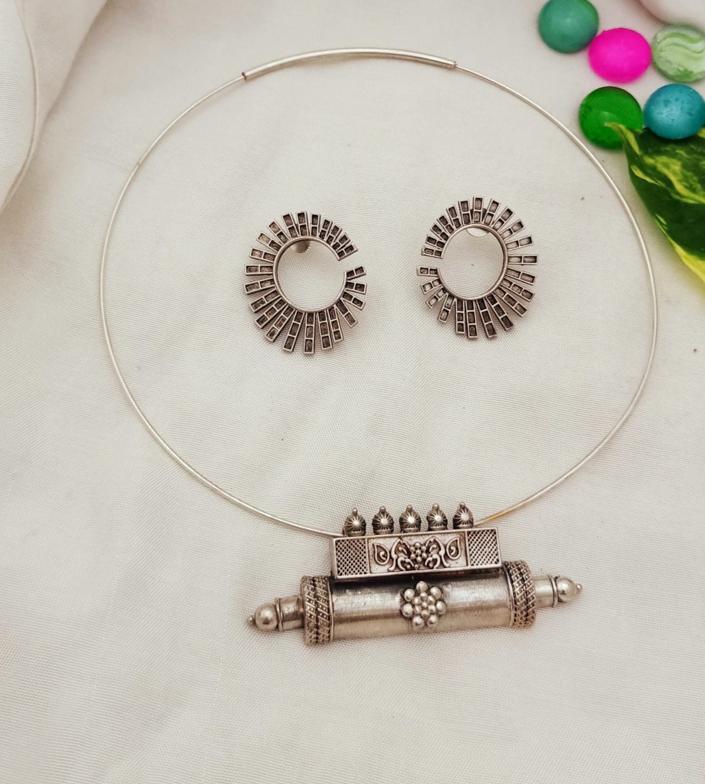 JUGNU Silver Plated Brass Hasli with Earrings