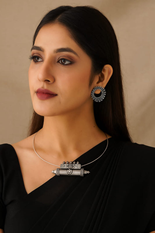 JUGNU Silver Plated Brass Hasli with Earrings