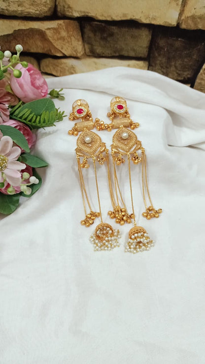 Sajni Kasmiri Long Gold Plated ghungroo earrings Pink colour stone