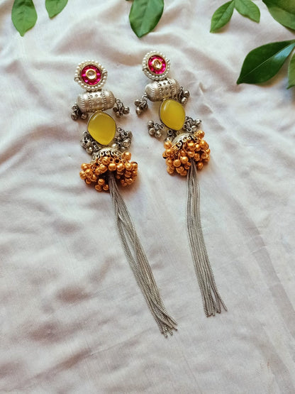 Mohini Dual Tone Statement Earrings with Stone & Silver Tassels