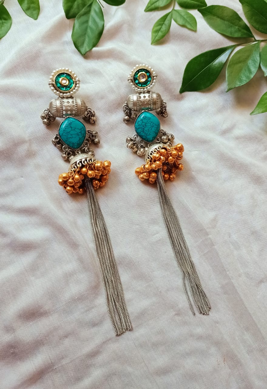 Mohini Dual Tone Statement Earrings with Stone & Silver Tassels