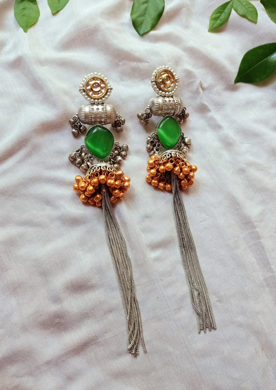 Mohini Dual Tone Statement Earrings with Stone & Silver Tassels