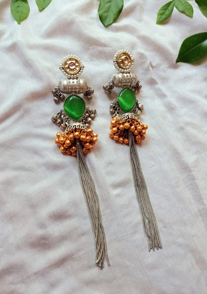 Mohini Dual Tone Statement Earrings with Stone & Silver Tassels