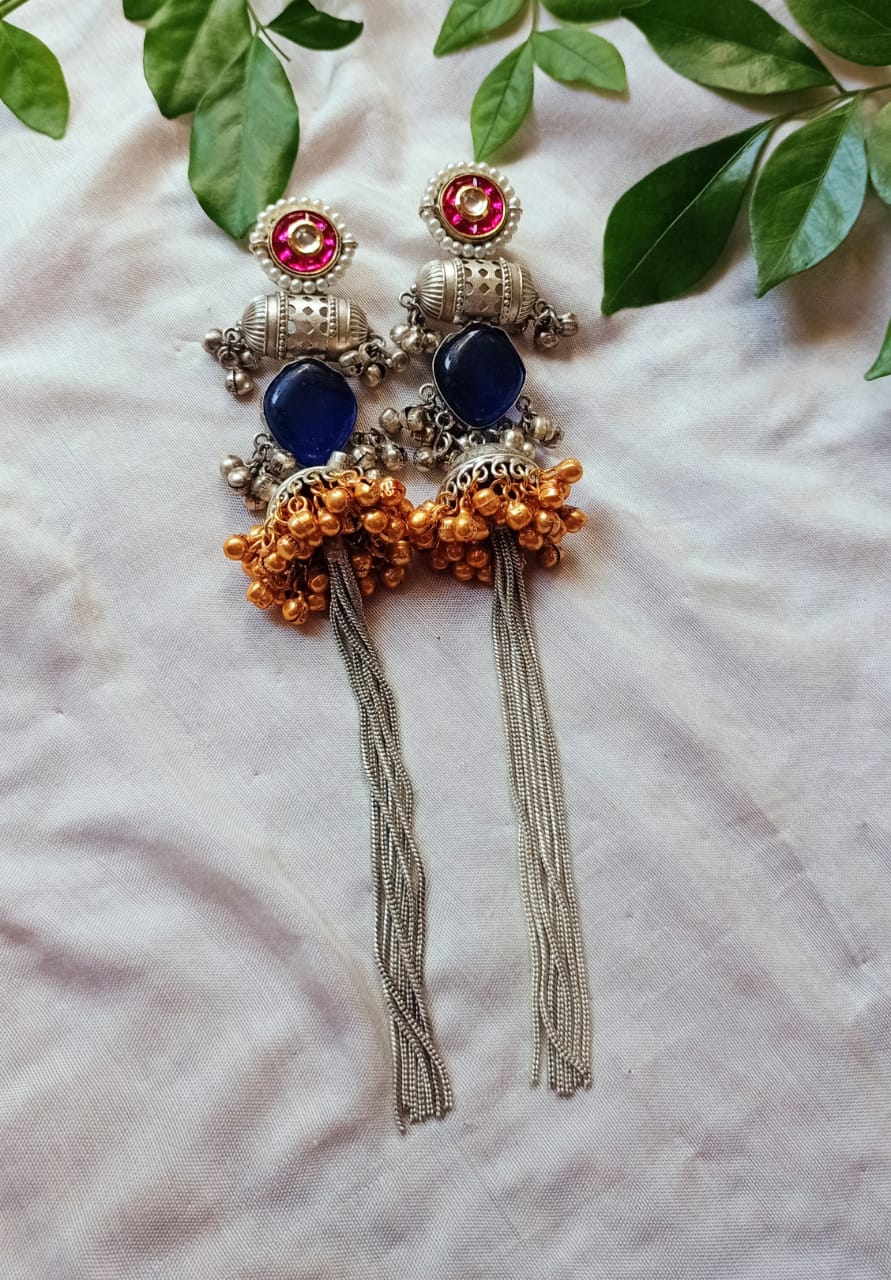 Mohini Dual Tone Statement Earrings with Stone & Silver Tassels