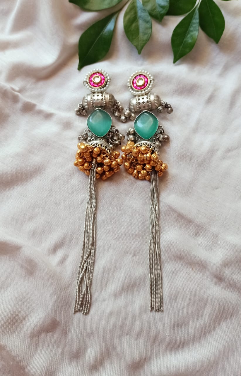 Mohini Dual Tone Statement Earrings with Stone & Silver Tassels