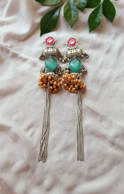 Mohini Dual Tone Statement Earrings with Stone & Silver Tassels