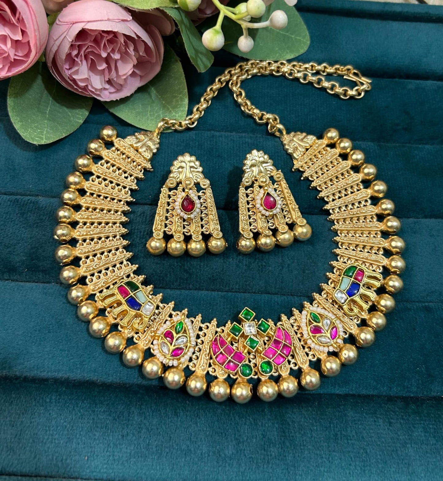 Traditional Gold Plated Pachi Kundan work  Necklace Set with Earrings