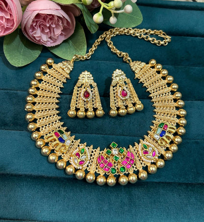 Traditional Gold Plated Pachi Kundan work  Necklace Set with Earrings