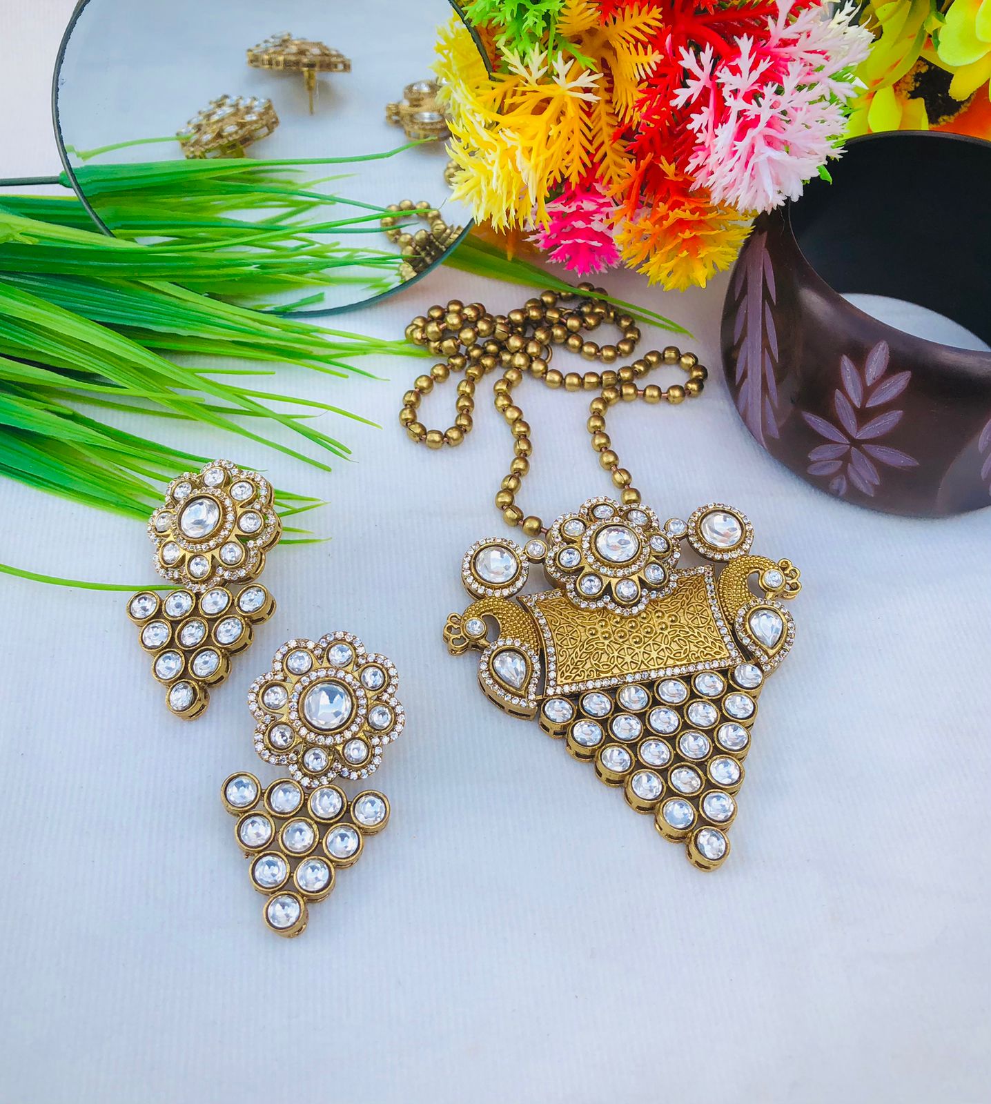 Beautiful  Sanaya Gold Plated Polki Stone Necklace Set with Earrings