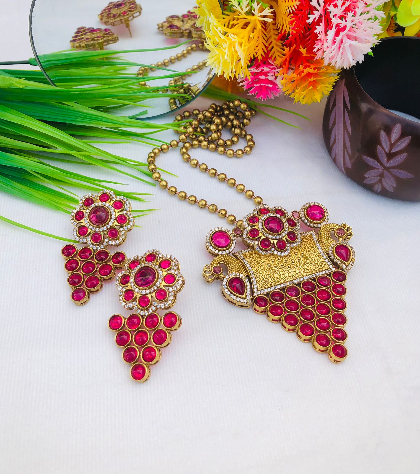 Beautiful  Sanaya Gold Plated Polki Stone Necklace Set with Earrings