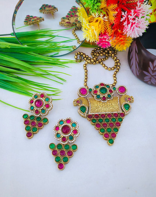 Beautiful  Sanaya Gold Plated Polki Stone Necklace Set with Earrings