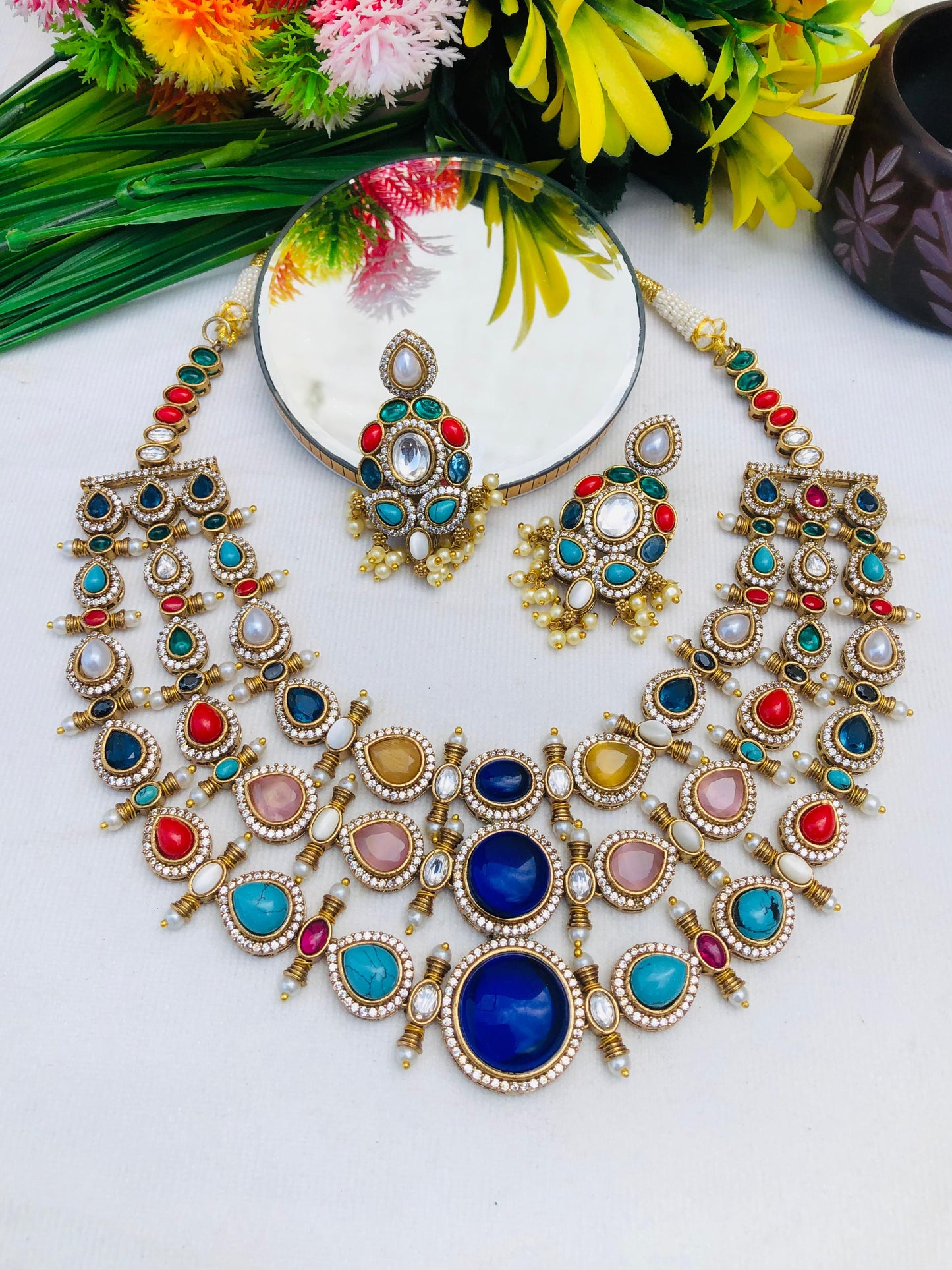 Beautiful Kundan Mosonite Stone Statement Necklace Set with Earrings