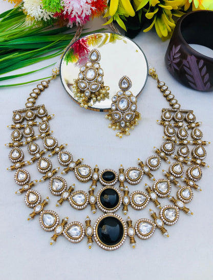 Beautiful Kundan Mosonite Stone Statement Necklace Set with Earrings