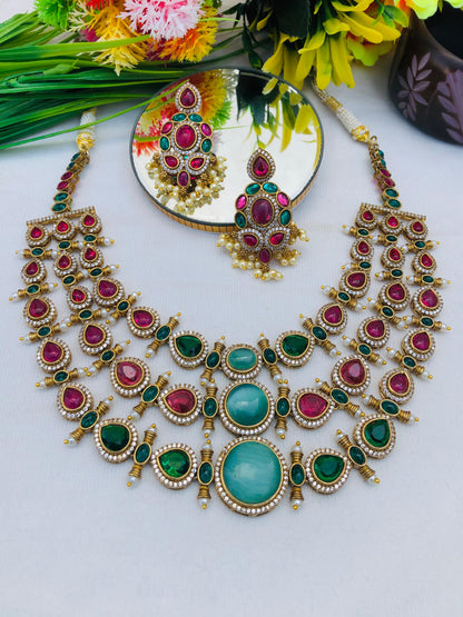Beautiful Kundan Mosonite Stone Statement Necklace Set with Earrings