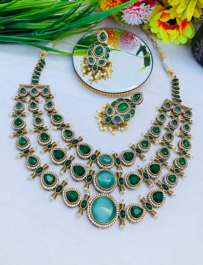 Beautiful Kundan Mosonite Stone Statement Necklace Set with Earrings