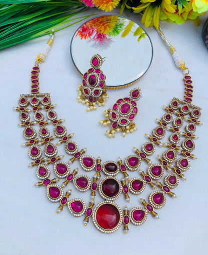 Beautiful Kundan Mosonite Stone Statement Necklace Set with Earrings