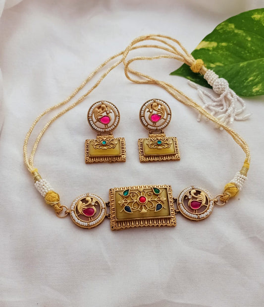 Elegant Peacock Motif Gold plated Choker Set with Earrings