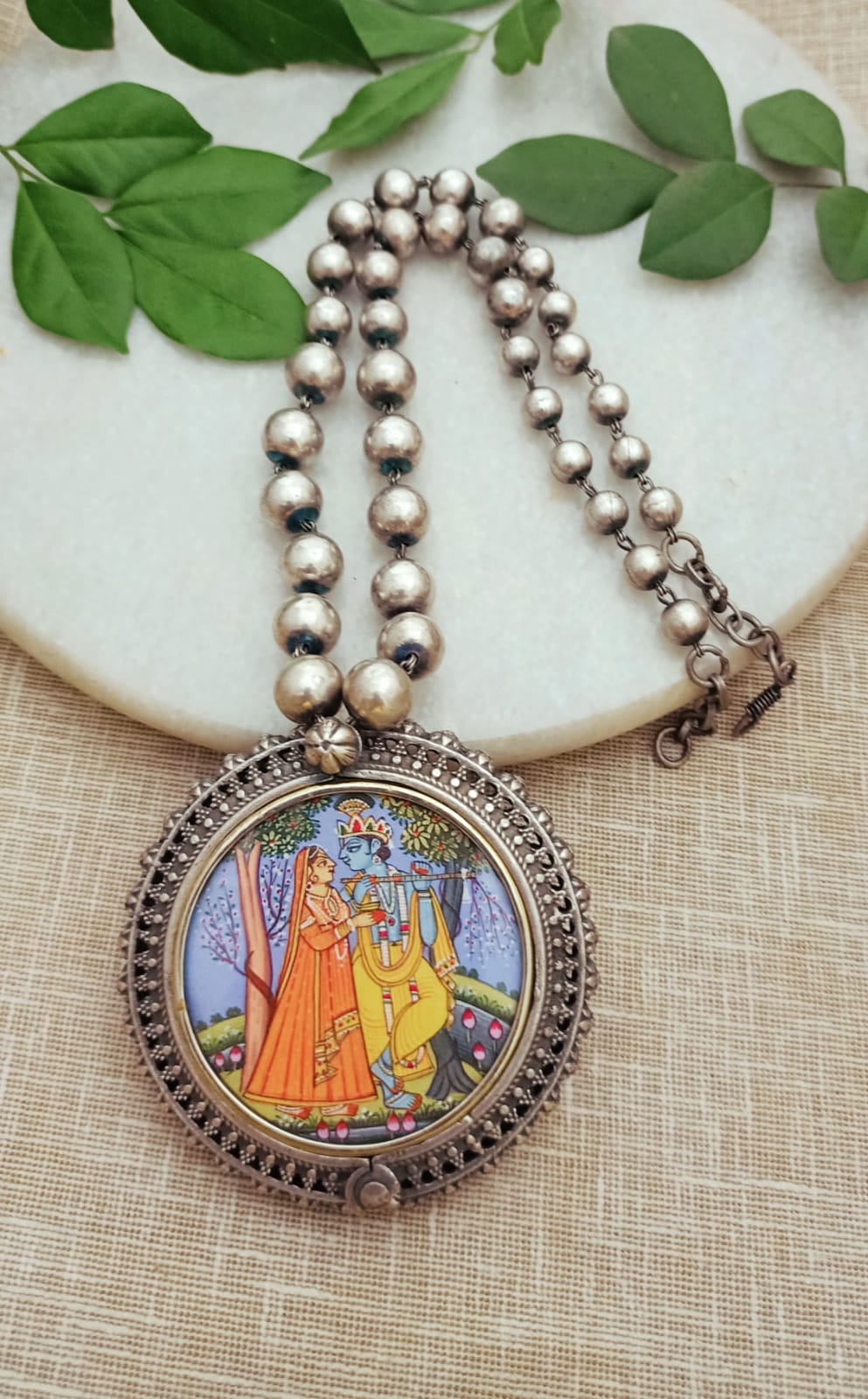 Antique Silver Plated handprinted Radha Krishna Pendant Necklace with Ball Chain
