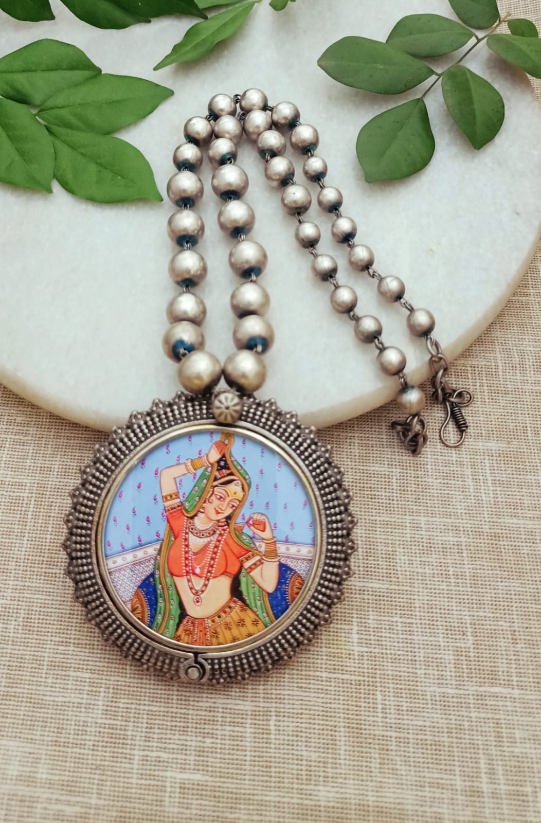 Antique Silver Plated handprinted Rani Pendant Necklace with Ball Chain