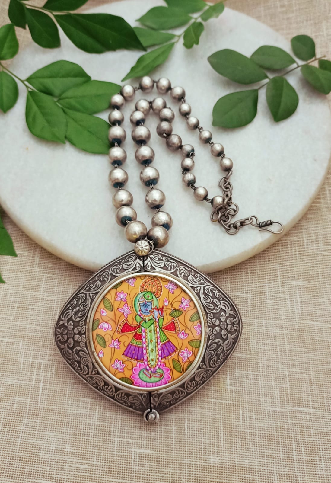 Antique Silver Plated handprinted Krishna Pendant Necklace with Ball Chain