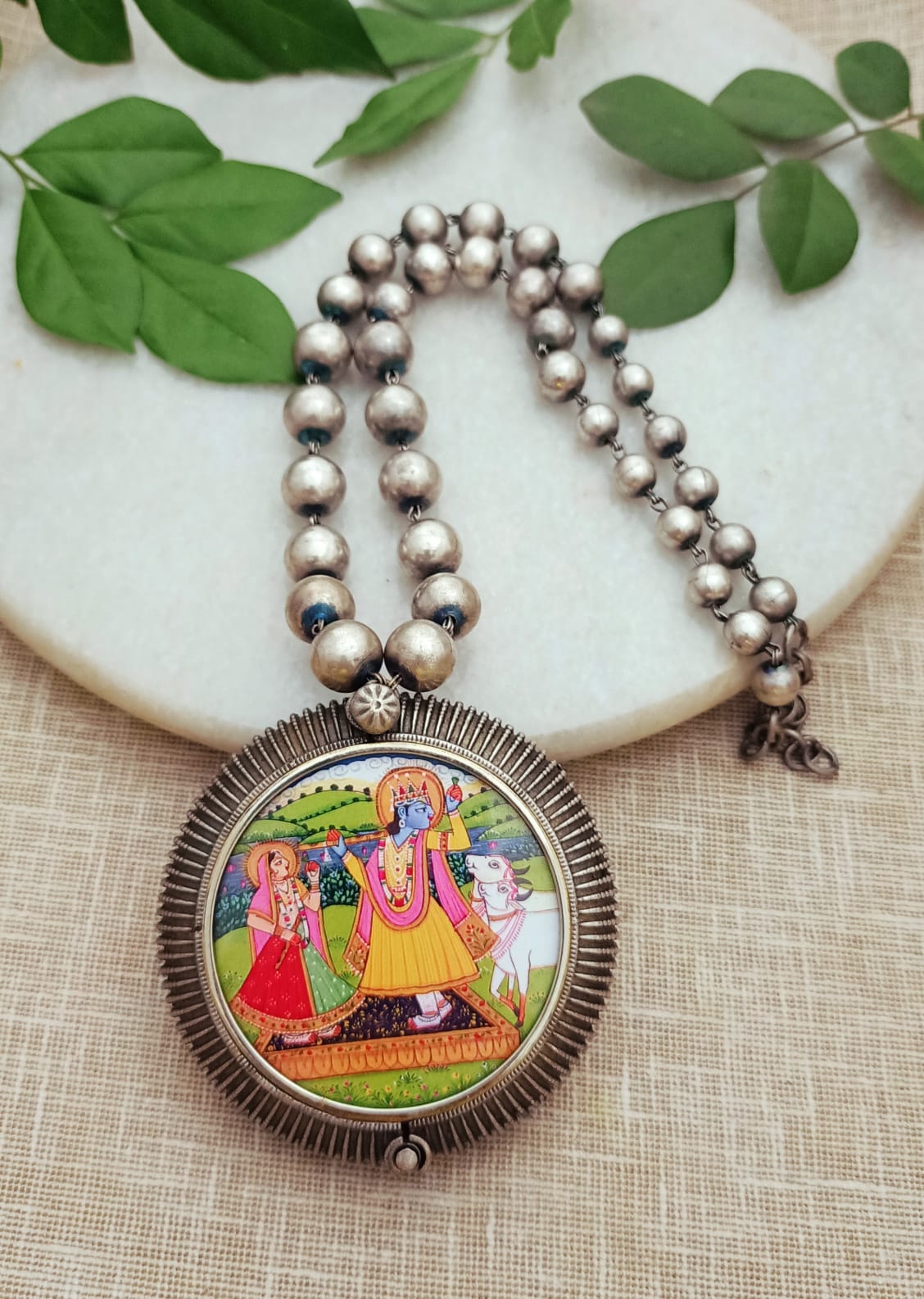 Antique Silver Plated handprinted Radha Krishna Pendant Necklace with Ball Chain