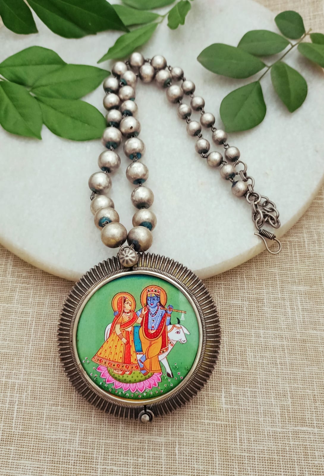 Antique Silver Plated handprinted Radha Krishna Pendant Necklace with Ball Chain